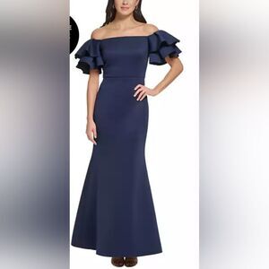 ELIZA J Women's Ruffled Sleeve Off-The-Shoulder Mermaid Gown NWT sz 2 Navy Blue